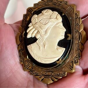 Antique Vintage Victorian Art Deco 1920 Heavy Brass Cellulose Cameo Large Brooch